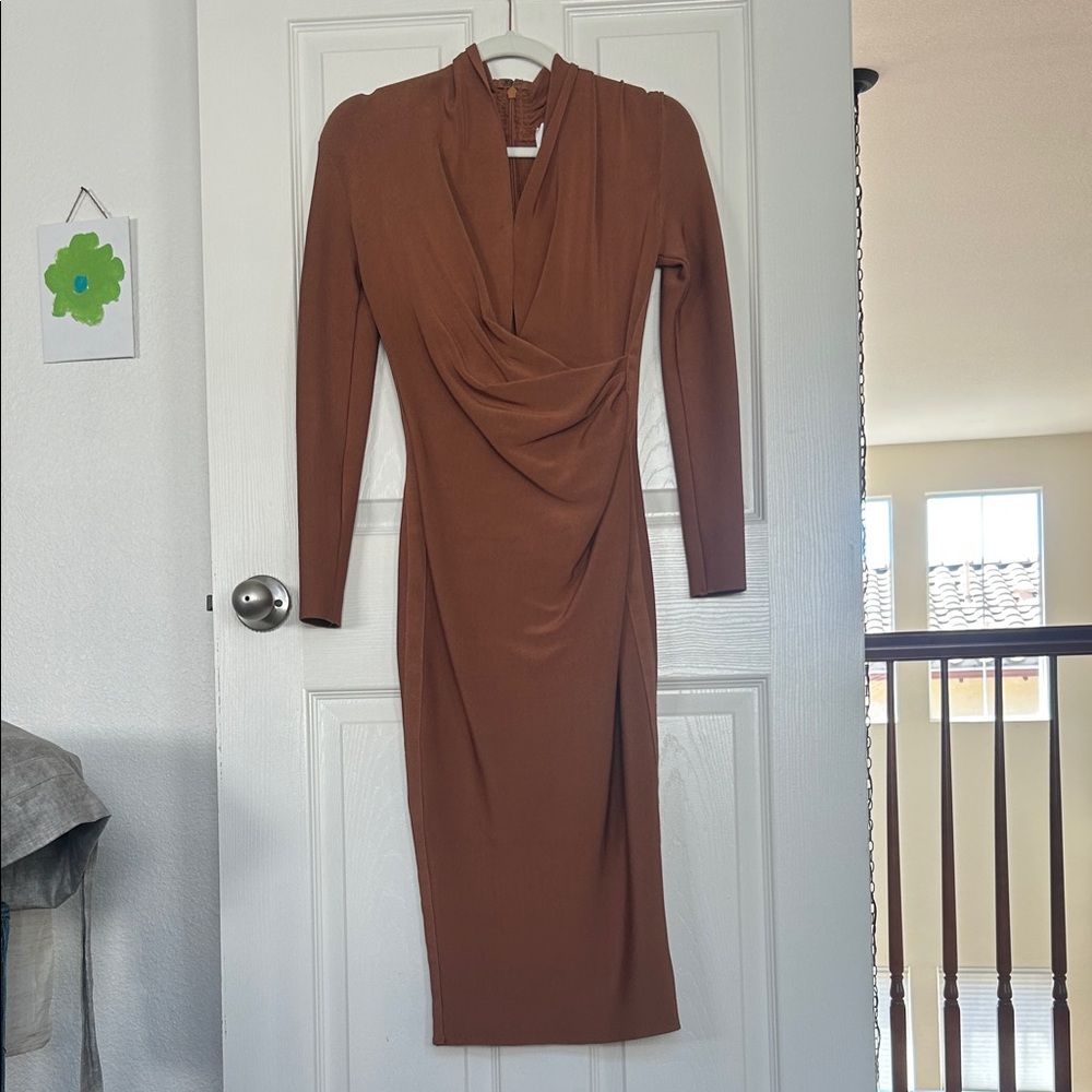 Brown Ruched Long Sleeve Bodycon Dress